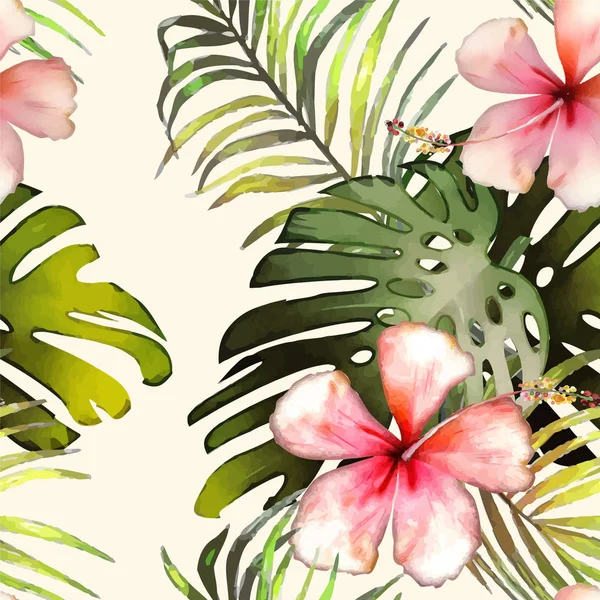 Tropical Plants Flowers Seamless Pattern — Stock Vector