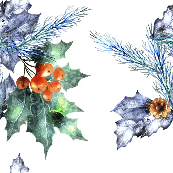 与冬季森林和雪花的无缝模式 水彩冬季森林背景 圣诞树图案 — 图库矢量图片