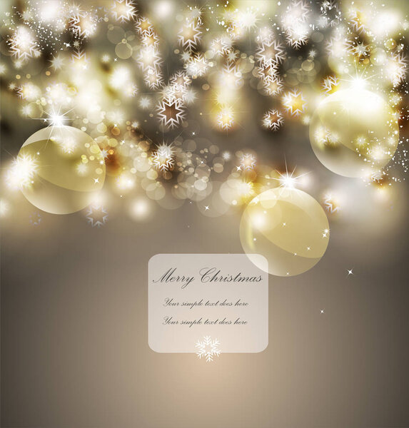 Merry Christmas greeting vector illustration with golden glitters, sparkles.