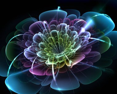 Karanlık fraktal çiçek ile parlak polen, yaratıcı grafik tasarım için dijital sanat