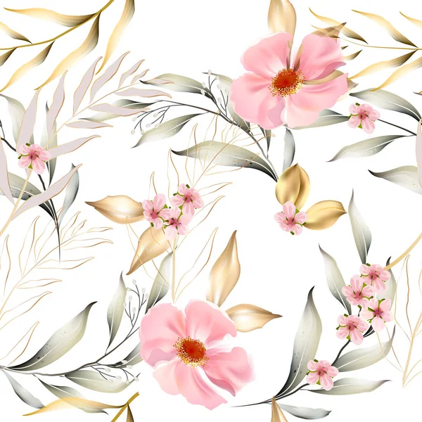 Patrón Sin Costura Vectorial Con Hojas Oro Flores Color Rosa — Archivo Imágenes Vectoriales