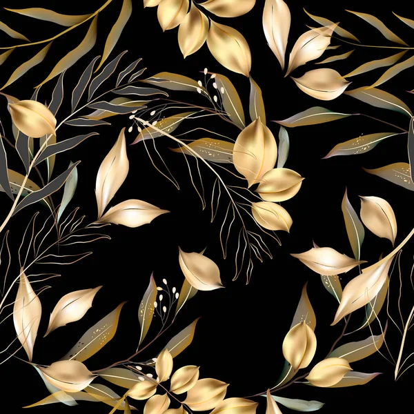 Vector Naadloos Patroon Met Gouden Bladeren Exotische Botanische Achtergrond Ontwerp — Stockvector