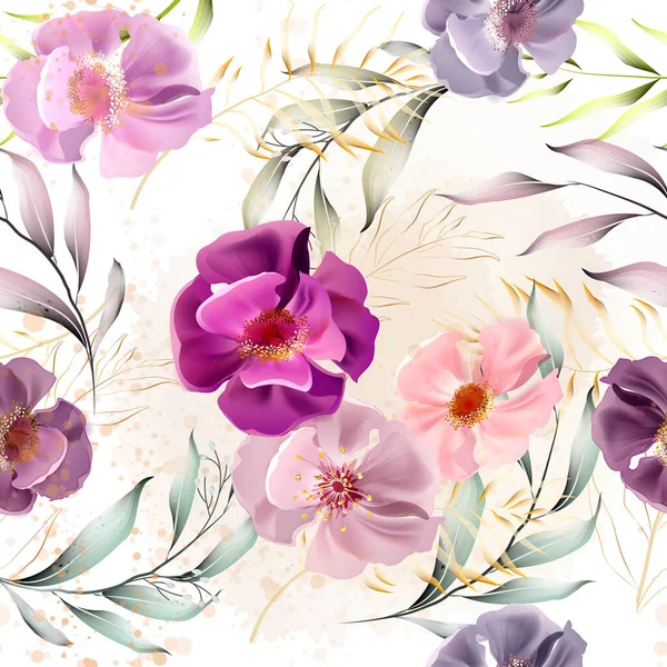 Vektorový Hladký Vzor Zlatými Listy Akvarelově Růžovými Květy Exotické Botanické — Stockový vektor