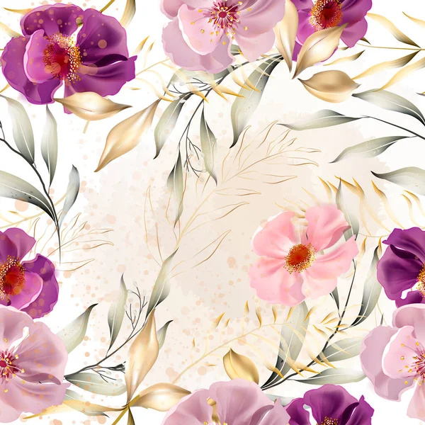 Vektorový Hladký Vzor Zlatými Listy Akvarelově Růžovými Květy Exotické Botanické — Stockový vektor