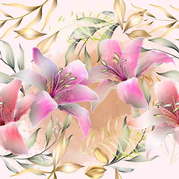 金箔や水彩ユリの花とベクトルシームレスパターン 化粧品 繊維のためのエキゾチックな植物の背景デザイン 包装紙としてベスト — ストックベクタ