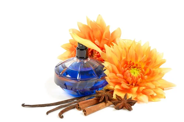 Blue parfume bottle with spice, over white — Stock Photo, Image