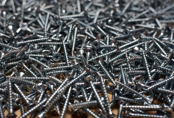 Kontrplak levhada metal vidalar var. Mobilya imalatı, donanım ve apartman onarım aletleri. Endüstriyel kaplama.