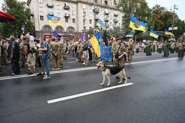 Kyiv, Ukrayna - 24 Ağustos 2020: Rus-Ukrayna savaşının gazileri, askerler, gönüllüler, aktivistler, savaşta ölenlerin aileleri ve Haysiyet Devrimi sırasında Ukraynalılar 'dan alkış almak için Kreshhatyk Caddesi boyunca yürüdüler.