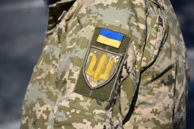 Ukrayna askeri üniforması içinde bayrak ve sembolle Ukrayna amblemi ve ulusal sembol tasvir edilmiş mızrak taşıyor.