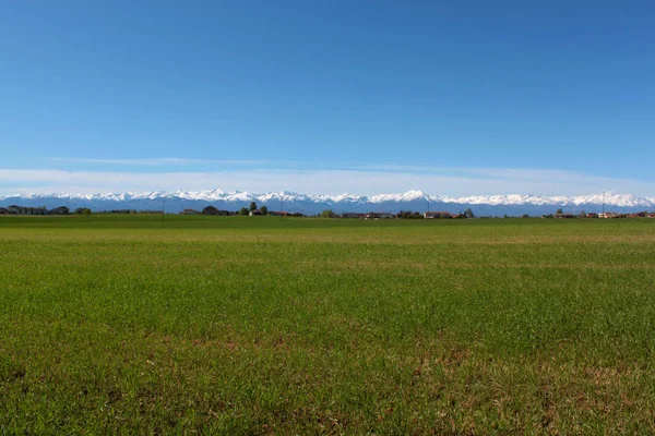 Pianura Vista Paesaggio Naturale Con Sfondo Alpi — Foto Stock