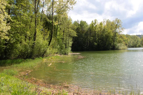 Lago Naturale Con Vista Sulla Campagna Verde — Foto Stock