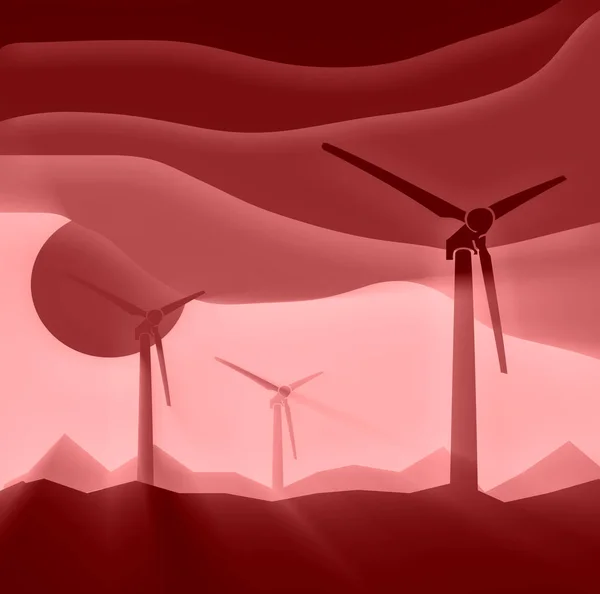風タービンの風景イラストです 再生可能エネルギーの開発の相対的なテーマ 切り欠き形状と抽象的な背景 — ストック写真