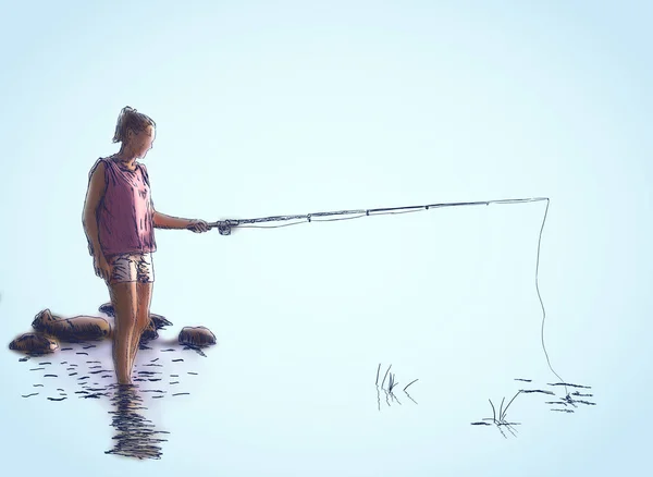Mujer pescando en la orilla del río —  Fotos de Stock