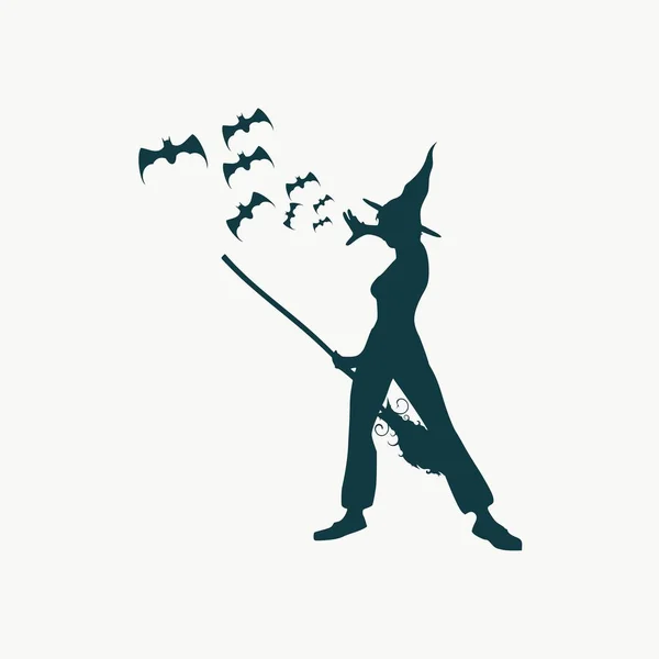 Witch silhouet met bezemsteel — Stockvector