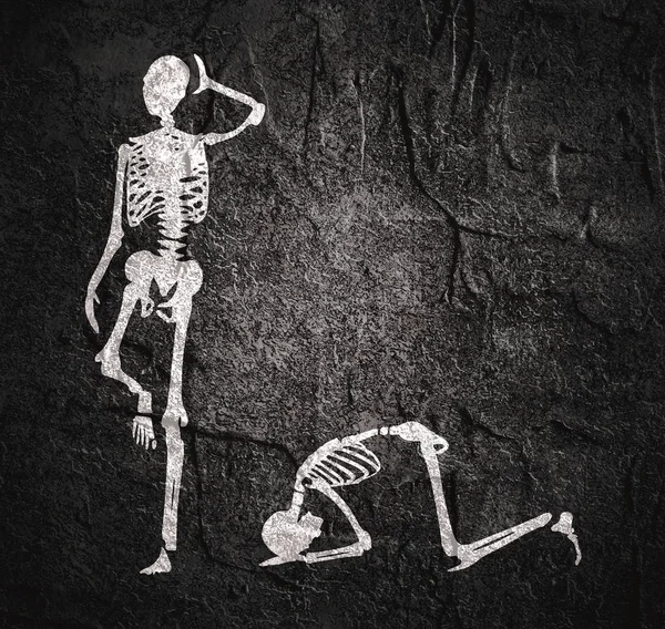 Skeleton prostrated under female foot