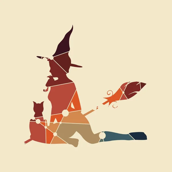 Illustration Sitting Young Witch Witch Silhouette Broomstick Cat Raven Halloween — Stock Vector