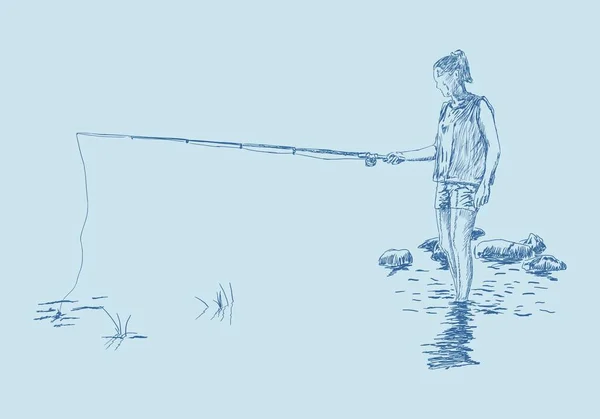 Жінка рибалка на березі річки — стоковий вектор