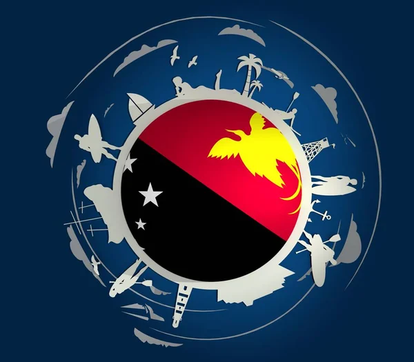 圆圈与热带休闲剪影 位于圆形周围的对象 人摆着冲浪板 棕榈和救生塔 巴布亚新几内亚旗子在中心 — 图库照片