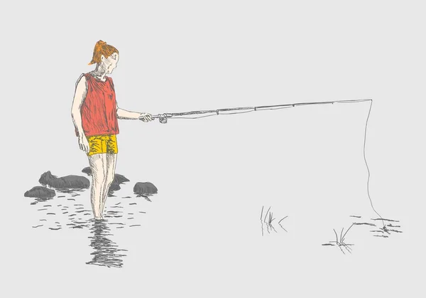 女人在河岸边钓鱼 — 图库矢量图片