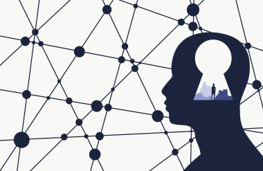 Anahtar deliği ile bir adam kafa silüeti. Ruh sağlığı göreli broşür, rapor tasarım şablonu.