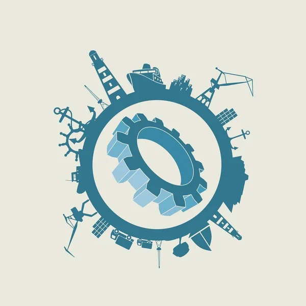 Cirkel met vrachthaven en reisrelatieve silhouetten. — Stockvector