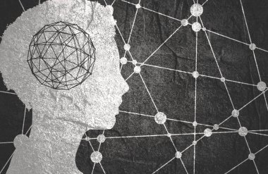 Bir kadın baş silüeti. Ruh sağlığı göreli broşür, rapor tasarım şablonu. Bilimsel Tıbbi tasarımlar. Molekül ve iletişim arka plan. Nokta ile bağlantılı çizgilerin.