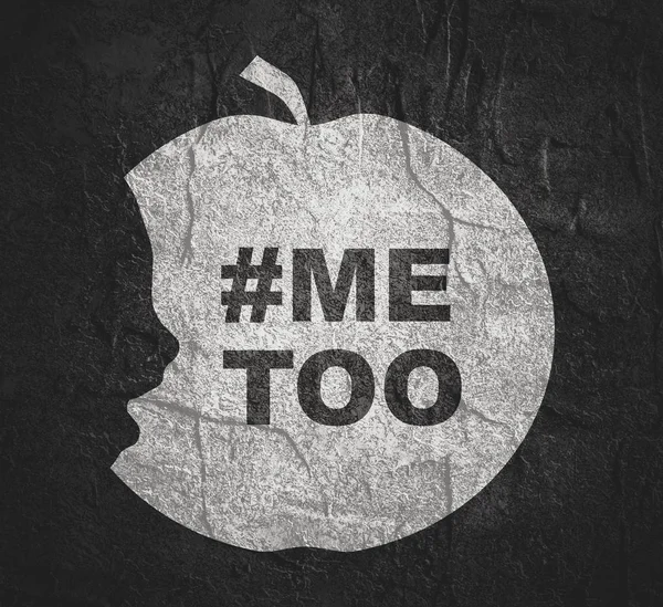 Me too hashtag. Social movement concerning sexual assault and harassment. An apple with face profile view. Optical illusion. Human head make silhouette of fruit. Half eaten apple
