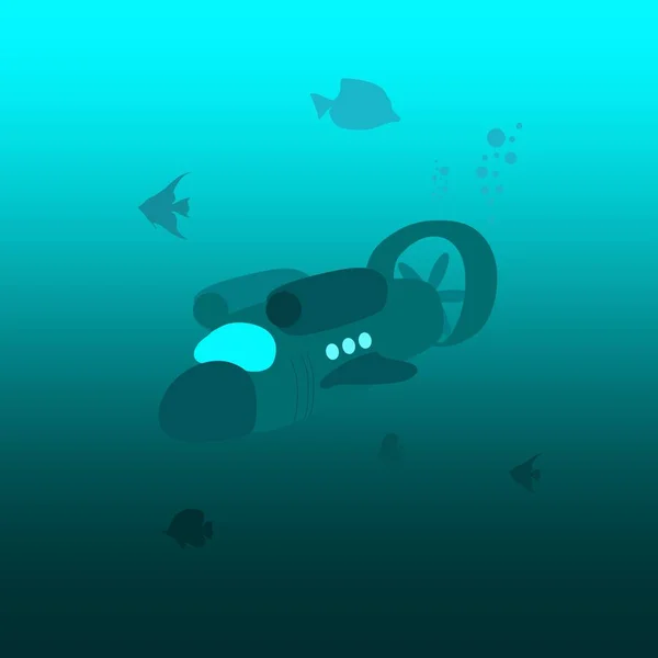 Αυτόνομο υποβρύχιο κηφήνα ή ρομπότ με κάμερα Εξερεύνηση βυθό. Βυθός υποβρύχια και ακτίνες του ήλιου λάμπει μέσα από το νερό. — Διανυσματικό Αρχείο