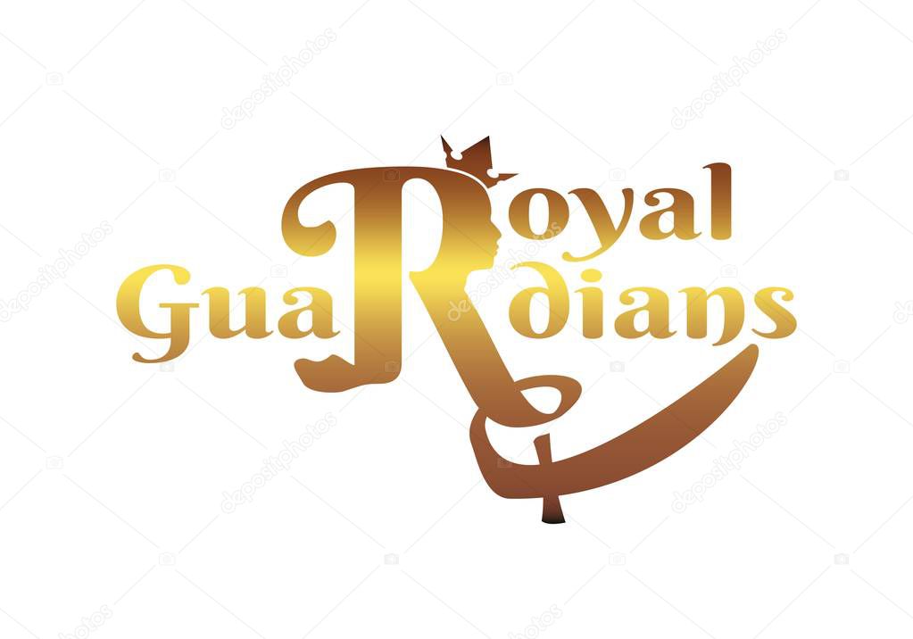 Royal crown logo. Business golden emblem with R letter and face silhouette. Royal guardians text