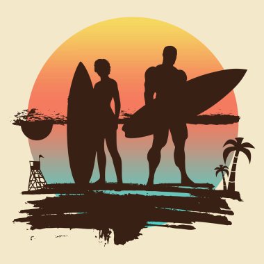 Bayan ve erkek surfboard ile poz çizimi