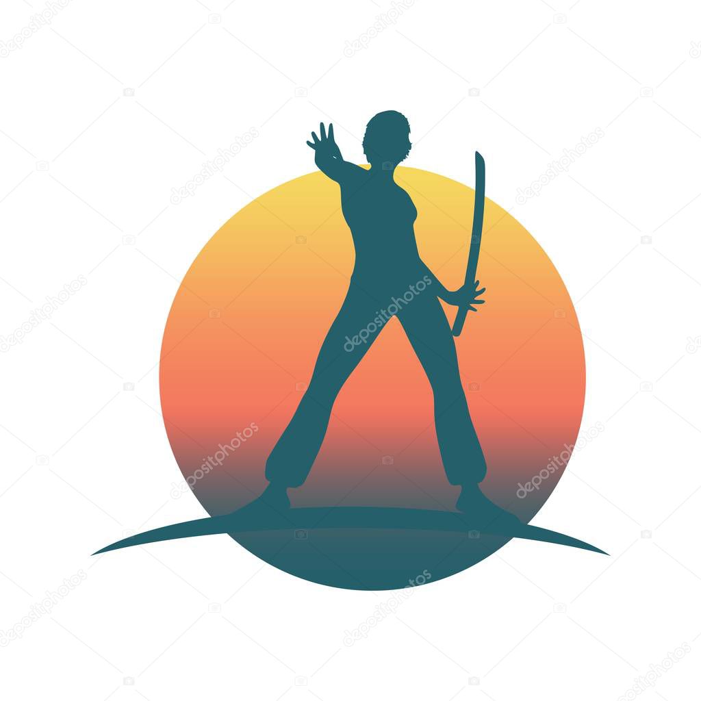 Martial art silhouette of woman in sword fight Kung Fu pose. Emblem for sport club.