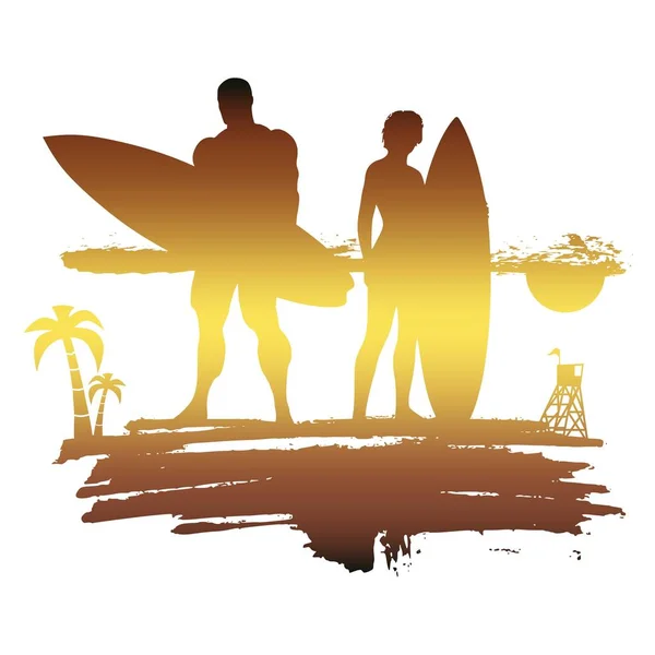 Ilustracja mężczyzna pozowanie z deski surfingowej i Pani — Wektor stockowy
