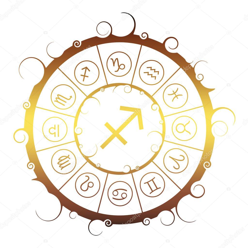 Astrology symbols in circle. Archer sign