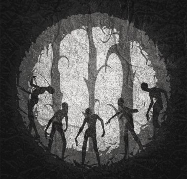 Zombi siluetleri karanlık ormanın içinde