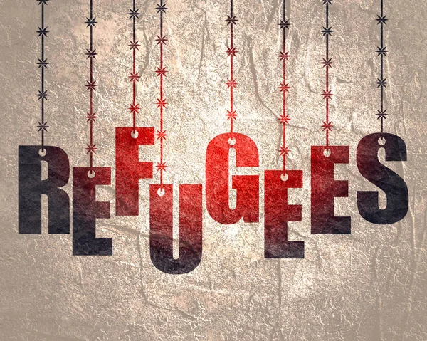 Refugiados texto pendurado por arame farpado — Fotografia de Stock