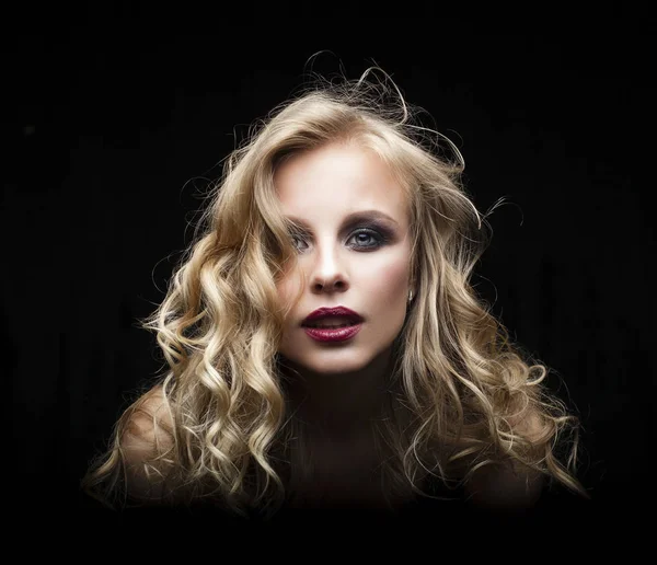 Beautiful Blonde Woman Face Black Background Female Model Curly Hair — Stock Photo, Image