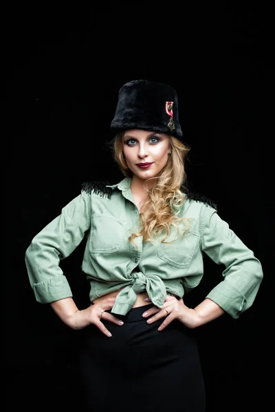 Piękno Portret Młodej Kobiety Moda Model Wojskowym Stylu Tkaniny — Zdjęcie stockowe