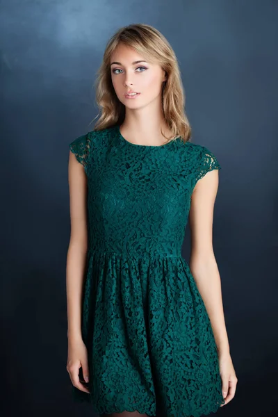 Young Woman Fashion Model Wearing Green Dress Portrait — Stock Photo, Image
