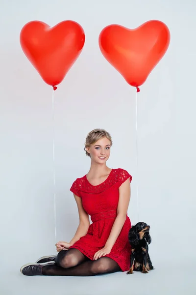 Happy Woman Cute Puppy Dog Red Heart Balloons White Background — Stock Photo, Image