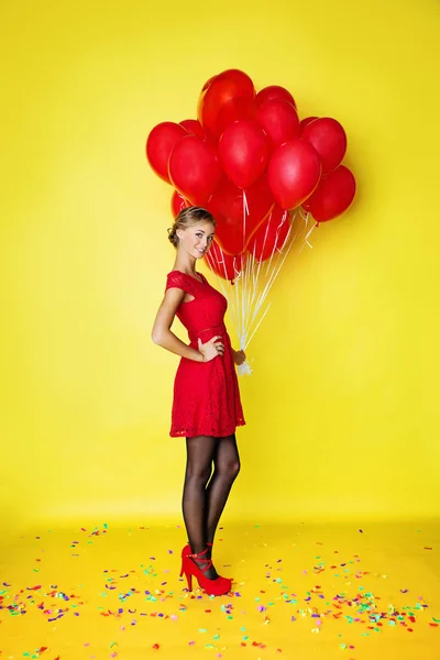 Happy Woman Balloons Confetti Holiday Background Royalty Free Stock Images