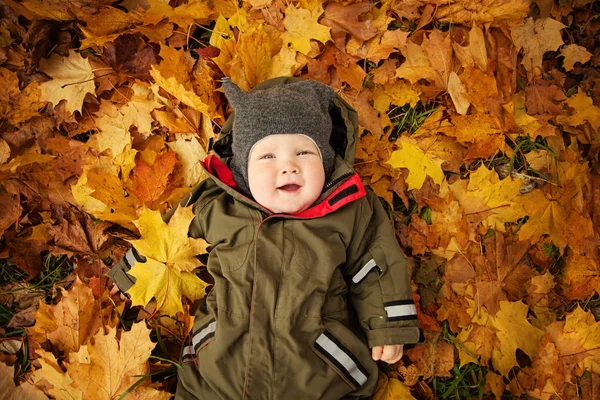 Χαριτωμένο Παιδί Φθινόπωρο Φθινόπωρο Κίτρινα Φύλλα Κάτοψη — Φωτογραφία Αρχείου