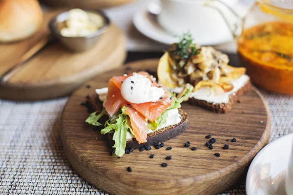 Danish Smorrebrod Sandwich Salmon Fish Egg Wooden Board Restaurant Food — Stock Photo, Image