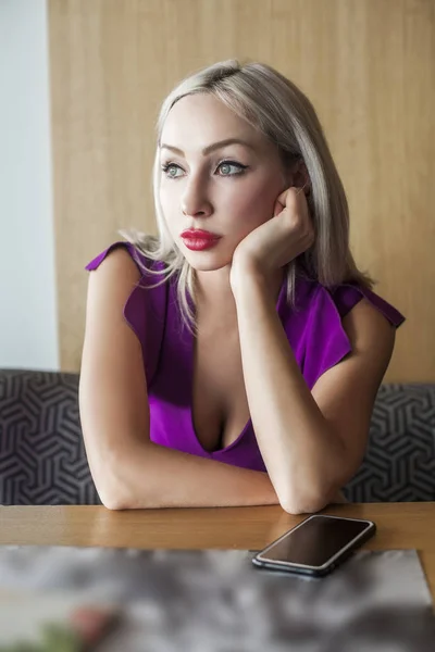 Cute Blonde Woman Dreaming Cafe — Stock Photo, Image