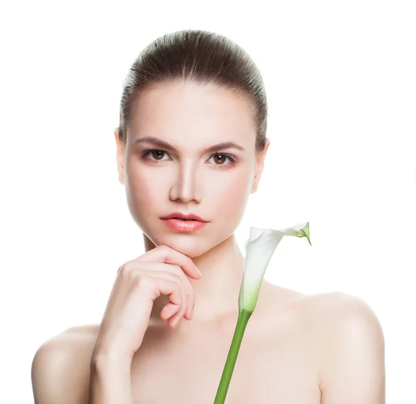 Denkende Frau Spa Modell Mit Sanften Blume Isoliert Auf Weißem — Stockfoto