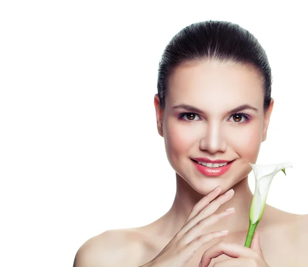 Beautiful Young Woman Healthy Skin Holding Flower Attractive Female Model — Stock Photo, Image
