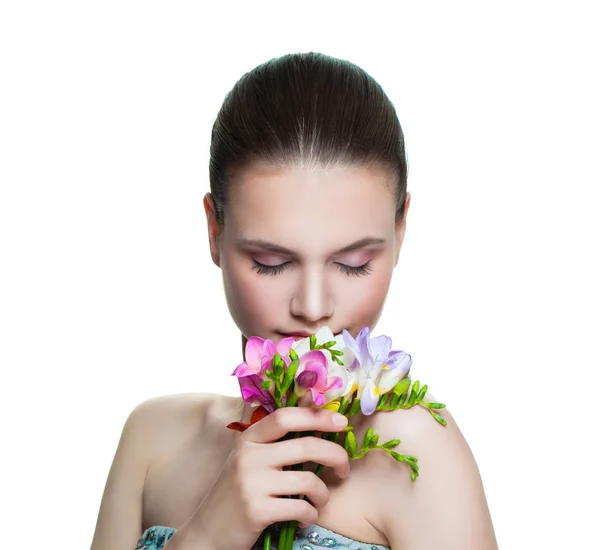 Hermosa Mujer Modelo Femenino Con Flores Aisladas Cara Modelo Femenino —  Fotos de Stock