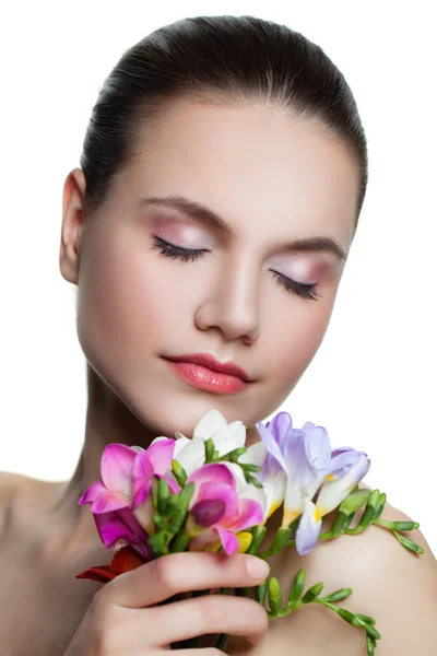 Young Woman Flower Face Closeup Facial Treatment Cosmetology Skincare Spa — Stock Photo, Image