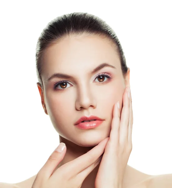 Cara Mujer Joven Aislada Sobre Fondo Blanco Tratamiento Facial Cosmetología —  Fotos de Stock