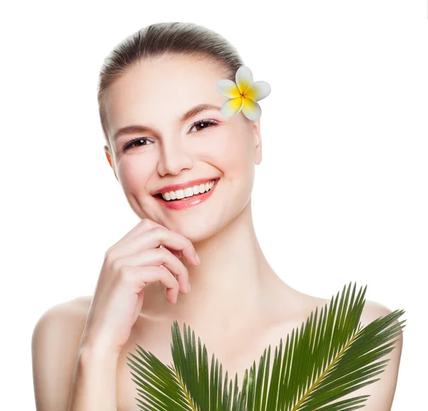 Spa Woman Healthy Skin Tropical Leaves Flowers Isolated White Background — Stock Photo, Image