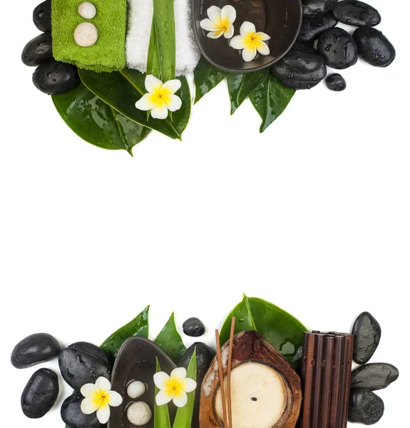 Wellness Tropische Sets Steine Handtücher Blätter Blumen Für Eine Gesunde — Stockfoto